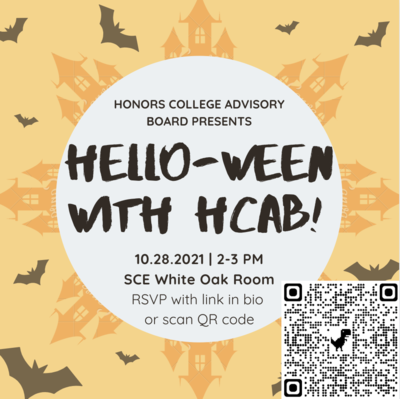 The background is a light orange with a giant white circle in the middle. The text is located within the white circle. On the border of the circle are darker orange haunted houses and black bats flying around. On the bottom right is the QR code that students can scan to fill out the form to attend this event.