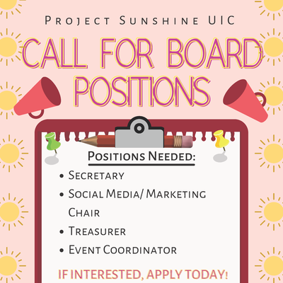 The background of the flyer is a peach color, with little suns on the sides. The flyer contains information pertaining to positions available. There are two red speakers on either side of the title. The Center contains a red clip board with the positions available contained in the center.