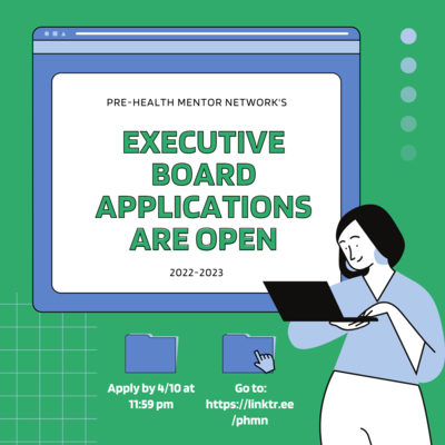 green background with a woman in the bottom righthand corner holding a laptop. Website with blue text with "E-Board Applications are Open"