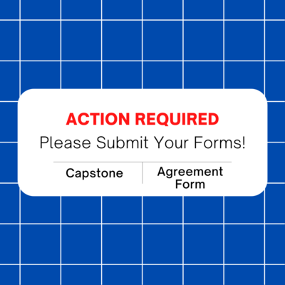 The background is blue with a white grid. There is a box that mimics a text message reminding students to fill out their forms.