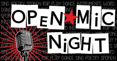 The image has a black microphone with red behind it, and black lettering on white rectangles, spelling out "open mic." The background of the image is black, and there is a red star between the words.