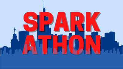 "Sparkathon" in red text on a blue background of the Chicago skyline.