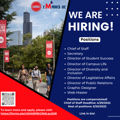 The image includes three sections, one with a blue background, one with a red background, and one displaying UIC students with the Willis Tower visible. A QR code is available in the bottom left corner. The USG and Empower UIC logos can be seen near the middle of the graphic.