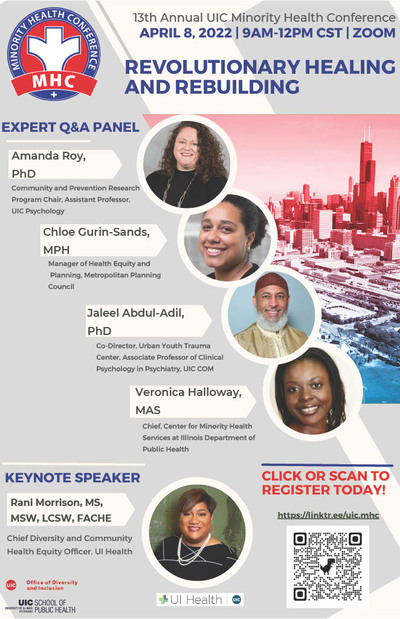 A red, white and blue MHC logo is located in the upper left corner of the flyer on a white and gray background. Headshots of the four panelists are in circular frames and move diagonally towards the bottom right corner of the flyer along with their names, titles and positions. Behind them is a photo of the Chicago skyline with a red and blue watercolor filter. Across the bottom of the flyer is a headshot of the keynote speaker, logos for UIC School of Public Health, Office of Diversity and Inclusion, and UI Health, and a QR code and link where folks can register.