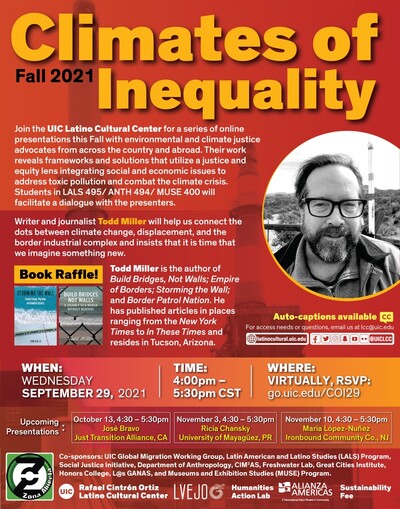The background is orange and red and has a black and white headshot of the guest speaker Todd Miller.