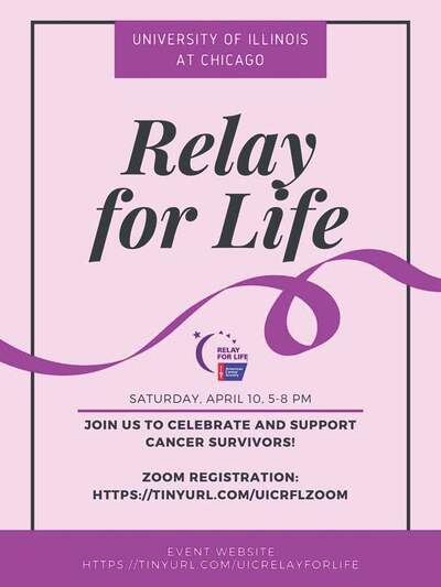 The background color is lavender, and there is a purple ribbon that spreads across the middle of the flyer. The American Cancer Society’s blue and red logo is also placed near the middle of the flyer.
