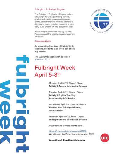 The Fulbright logo is in blue on the top right corner, and the words "Fulbright Week" run vertically on the left side of the page in shades of blue. The red UIC logo is on the bottom, right corner of the page.