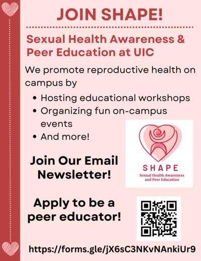 Background color is light pink. Left hand side has dark red vertical strip with two pink hearts and a pink dotted line connecting them. Flyer also contains SHAPE's logo, which has a light pink heart with a person in red outline.