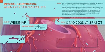 The background image has a red and pink realistic illustration of a heart in the center with blue pixels overlaying the top and left part of the illustration. A blue banner is located on the top third of the page with text on the event name, topic, and location.