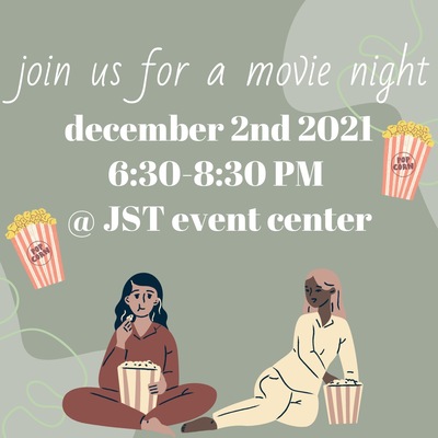 The background is a pastel green with swirls in various green shades on both the top right-hand and bottom left-hand side of the flyer. On the bottom of the flyer are two girls eating popcorn, as well as giant popcorn icons on the right and left-hand sides of the flyer.