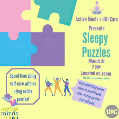 Background is yellow and includes shapes of puzzle in purple pink and text regarding event information.