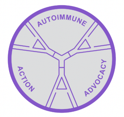This image is our logo, which has three purple antibodies encircled by our club's name: Autoimmune Action & Advocacy.