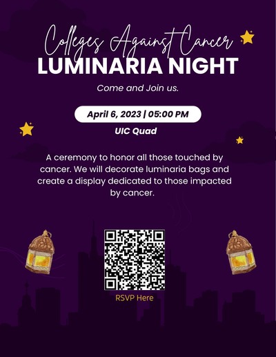 The image is on a dark purple background with the outline of the Chicago skyline in an even darker purple at the bottom of the flyer. There is a QR code to RSVP in the center of the image, along with golden stars and brightly lit lamps, representing luminarias.