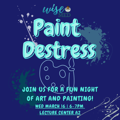 The flyer has a dark blue background with blue paint splashes in the back. The words are centered in a bright blue color and there is an outline of a paint palette and easel in the center between the title at the top and description of the event at the bottom.