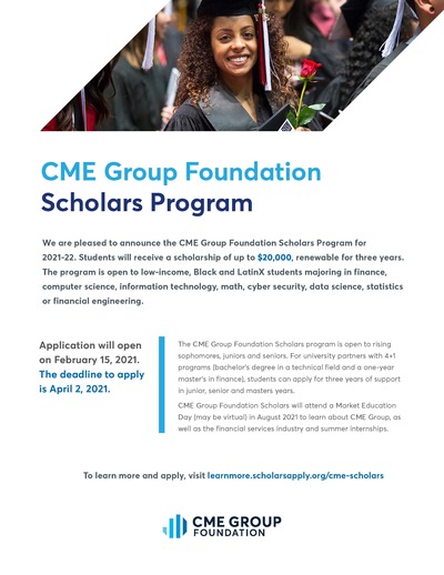 The flyer is primarily white with back text. There is also some blue text. The top features a photo of a female graduate in cap and gown. The bottom features a photo of a young woman working on a laptop, at a table with two men. The CME logo is at the bottom.
