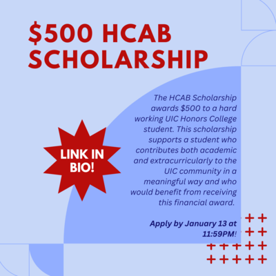 The background image is light blue, and there are abstract blue and red shapes. Bold red and blue text describes the purpose of the HCAB scholarship.