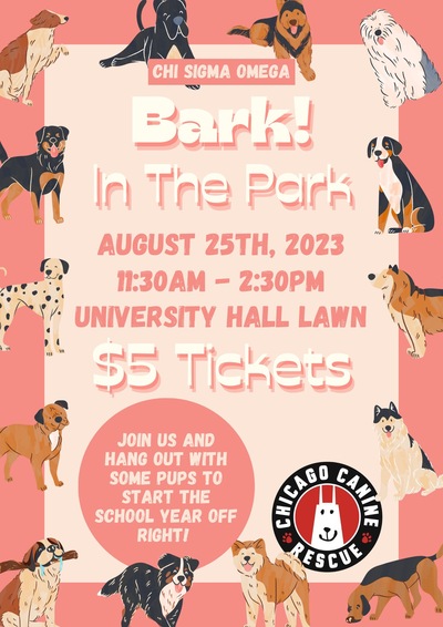 pictures of animated dogs and the logo of Chicago canine rescue , times of event 11:30 AM - 2:30PM