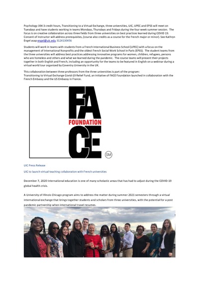 The images include the logo from the FACE Foundation which funded my grant to teach the program and the program includes a group of students who visited Paris on the Study Abroad internships when live exchange was possible to inspire current students to travel virtually.