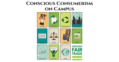 The flyer is in neutral greens and blues and depicts several areas that Fair Trade can impact to be more sustainable, including transportation, upcycling and justice. The Chicago Fair Trade logo is in the bottom right corner.