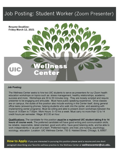 The flyer has a grey background with dark grey text and a green tree on the top center of the page.