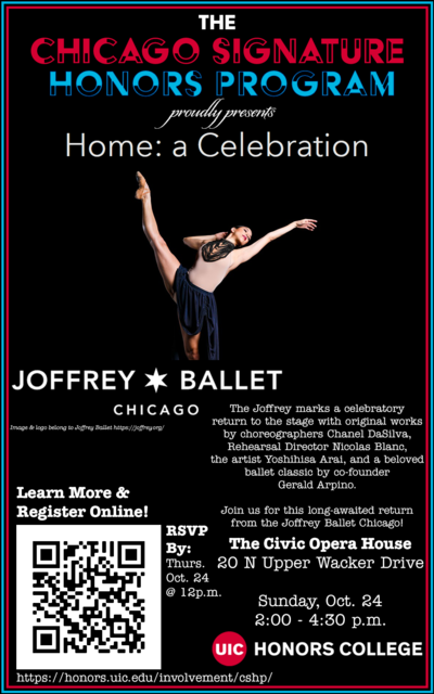 Black background with a dancer doing ballet. There is a QR code in the corner and the UIC Honors College logo on the right side.