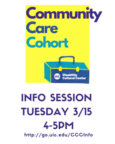 Community Care Cohort is written in a blue gradient over a light yellow background above the DCC toolbox logo. Below the logo is event info transcribed above.
