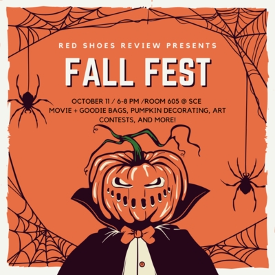 Orange background with spider webs and spiders on the border. Pumpkin headed man with black cape and orange bowtie with a white shirt in the center. Black spiders and webs around. Text is white.