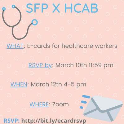 The background of this image is pink with white outlines of dots all over. In the top left corner, there is a gray and blue stethoscope and in the bottom right corner, there is a white and gray envelope. At the top is the title: SFP x HCAB and in the rest of the space is the What, RSVP by, When, Where, and the RSVP link.