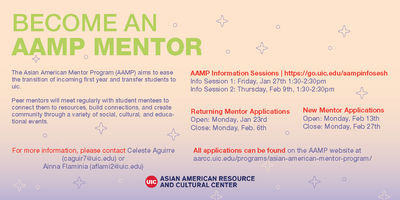 A pale yellow and lavender flyer with star designs. Text in bright green state "Become an AAMP Mentor". Below it is text in blue and red describing the program and recruitment dates. At the bottom is the logo for the Asian American Resource and Cultural Center