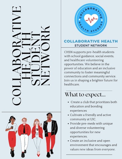 The background color of the flyer is sky blue. There is a picture of a group of 4 people standing in the bottom left corner. There is a student organization logo that is blue, white, black, and a little bit of red in the right upper corner. There is a big logo that is the student organization name above the picture of of the 4 cartoon people.