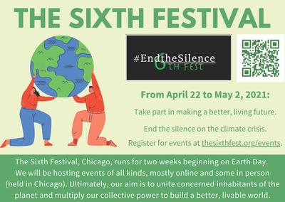 The flyer is different shades of green. There is a green QR code that is linked to a LinkTree account, on which additional websites associated with The Sixth Festival can be accessed. There is a black, white, and green logo for the festival that integrates the phrase "6th fest" with the phrase "end the silence." There is an image of two people on their knees holding the earth up together.