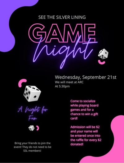 The flyer is black with a neon purple decal in the top right corner and a neon pink decal in the bottom left corner. There are three dice on the page, a small one on the right side, a small one on left side near the bottom, and a larger one a little above the small one on the left side. All the writing is in white, neon purple, or neon pink text on the black background.