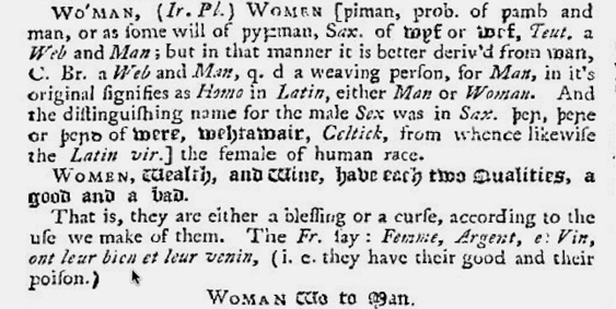 baileywoman Nathan Bailey derives woman from 'womb + man' and suggests the connection 'woe to man'