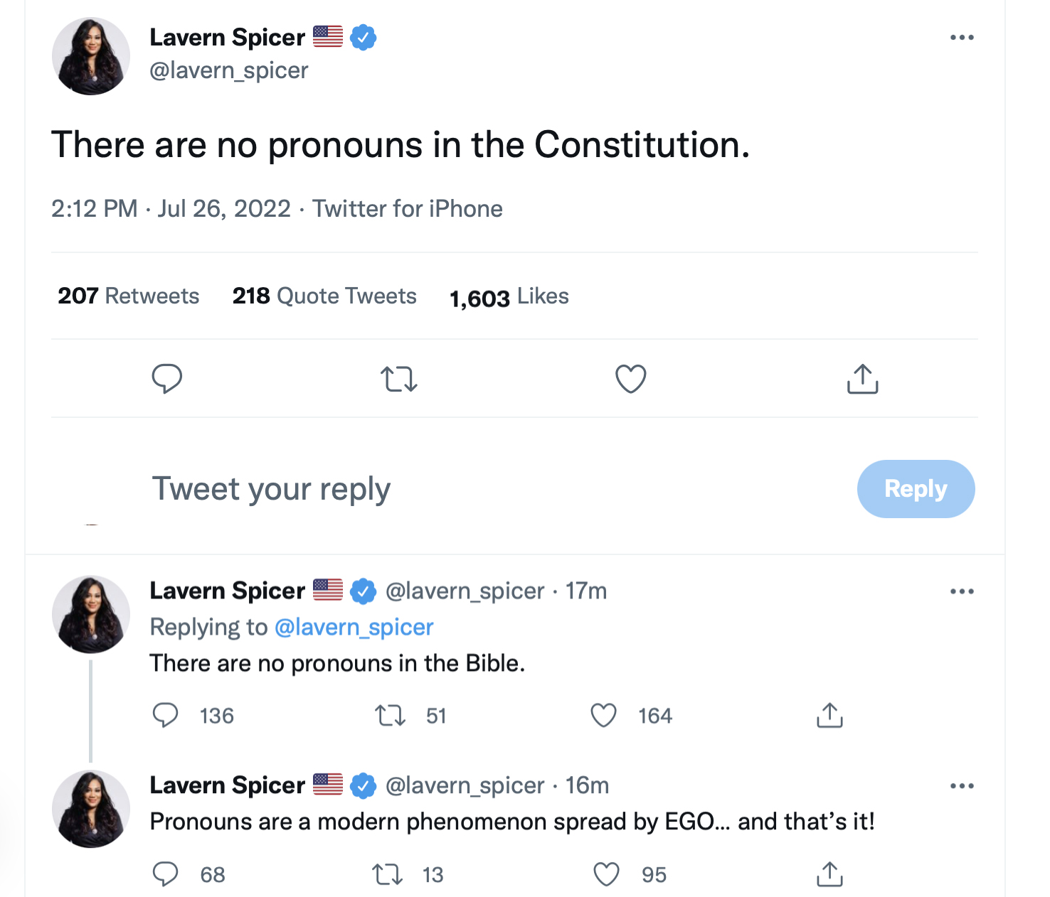 Lavern Spicer tweet: There are no pronouns in the Constitution; there are no pronouns in the Bible; pronouns are a modern phenomenon spre4ad by EGO, that’s it.