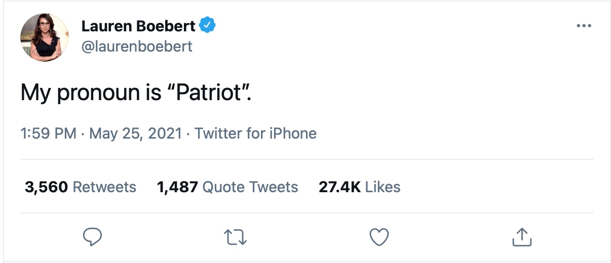 Lauren Boebert tweet: My pronoun is patriot