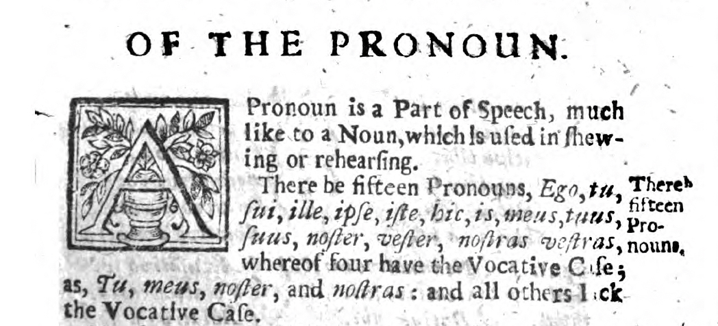 The Pronoun, from William Lily's Latin Grammar, 1542
