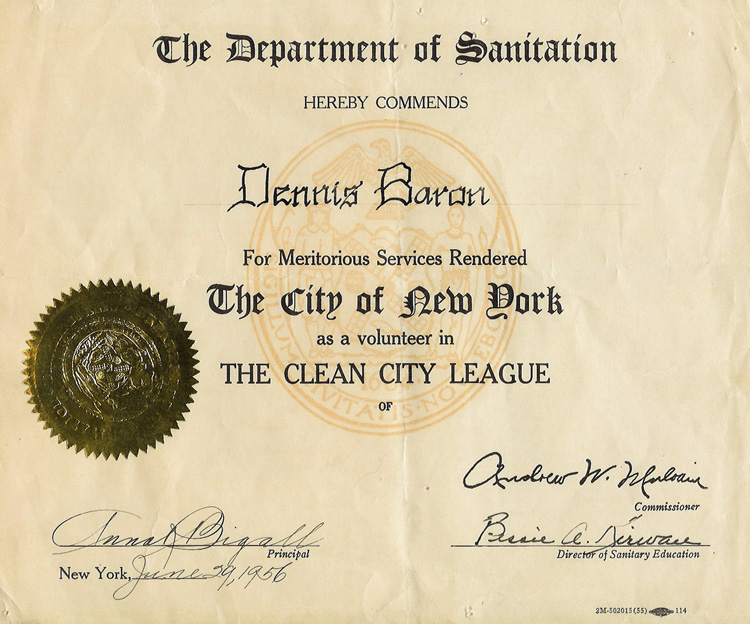 Department of Sanitation Certificate, dated 1956, awarded to the author for services to the "Clean City League" of New York.