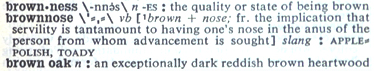 brownnose Definition from Webster's Third: brownnose, verb, from the implication that servility is tantamount to having one's nose in the anus of the person from whom advancement is sought. Slang. Apple-polish, toady