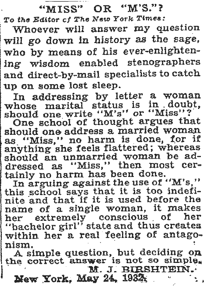 Letter to NY Times in 1932 about Ms