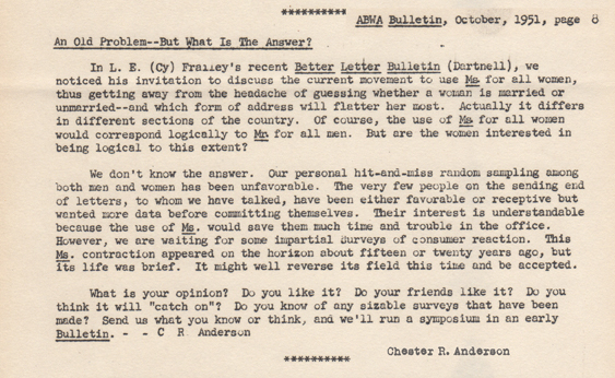 msabwa1951 Comment on Ms. in the American Business Writing Association Newsletter, Oct. 1951