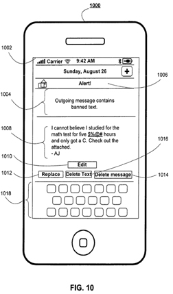 applefig10 figure 10 from Apple's patent application shows an iPhone with objectionable text marked for revision or deletion