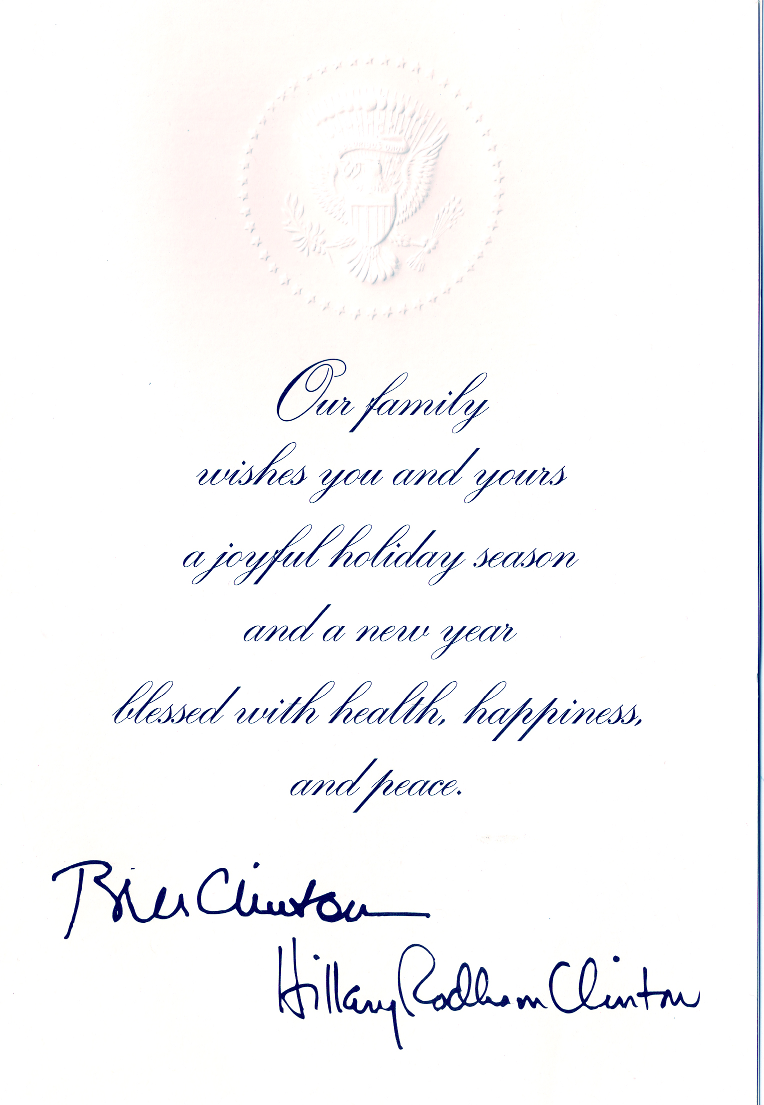 Greeting card with autopenned signatures of Bill and Hillary Clinton