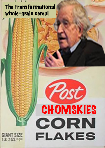 Post Chomskies, the transformational whole-grain cereal, with a picture of the linguist Noam Chomsky on a cereal box