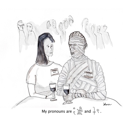 A mummy at a cocktail indicates their pronouns as two hieroglyphs