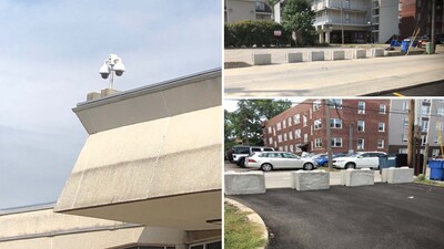 Photo collage of security cameras and concrete barricades