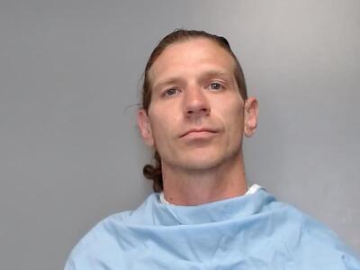 Jail mugshot of a man with light skin, rigid facial features and long, light brown or blond hair tied back in a ponytail.