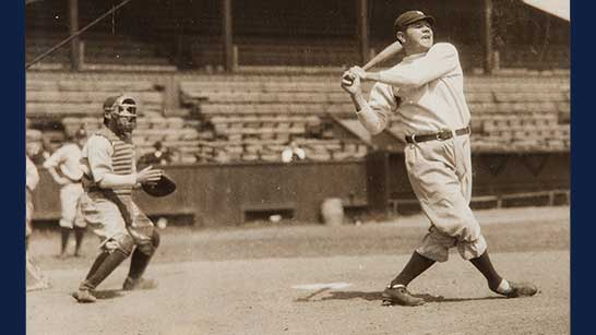 Babe Ruth follows through on a swing during batting practice. By many accounts, the Boston Red Sox star pitcher turned New York Yankee slugger is still considered the greatest baseball player of all time. He's number 5 on the reshuffled list.