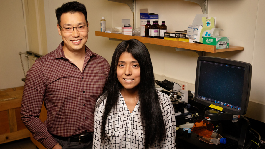 Chemistry professor Jefferson Chan and graduate student Melissa Lucero developed a new molecular agent to target elusive lung cancer cells for imaging and treatment. Phot by Brian Stauffer