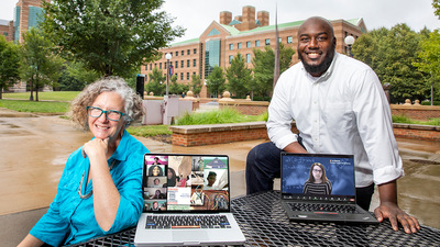 Outreach and public engagement coordinator Lara Hebert, left, postdoctoral research associate Gabriel Burks, and bioengineering professor Jennifer Amos  (shown on laptop screen, right), developed a virtual summer camp that gave about 500 high school students across the U.S. the opportunity to sample 12 engineering disciplines. Photo illustration by Fred Zwicky