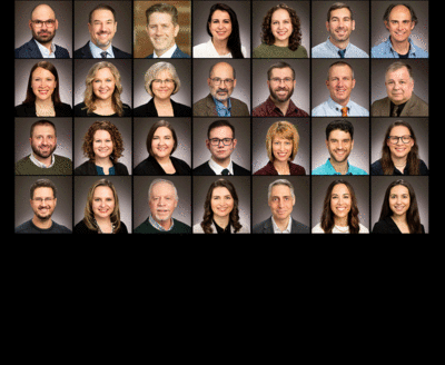 portrait images of the 28 winners of campus instructional excellence awards. Portraits by Michelle Hassel, graphic by Fred Zwicky